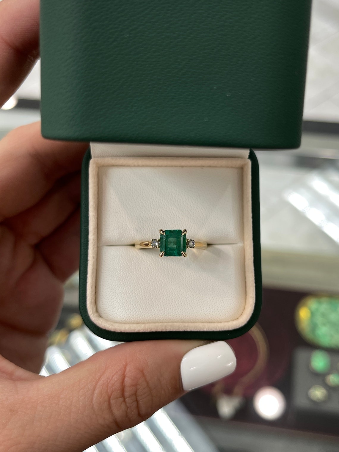 1.85tcw 14K Gold Medium Dark Green Genuine Emerald-Asscher Cut & Diamond 3-Stone Engagement Ring - JR Colombian Emeralds