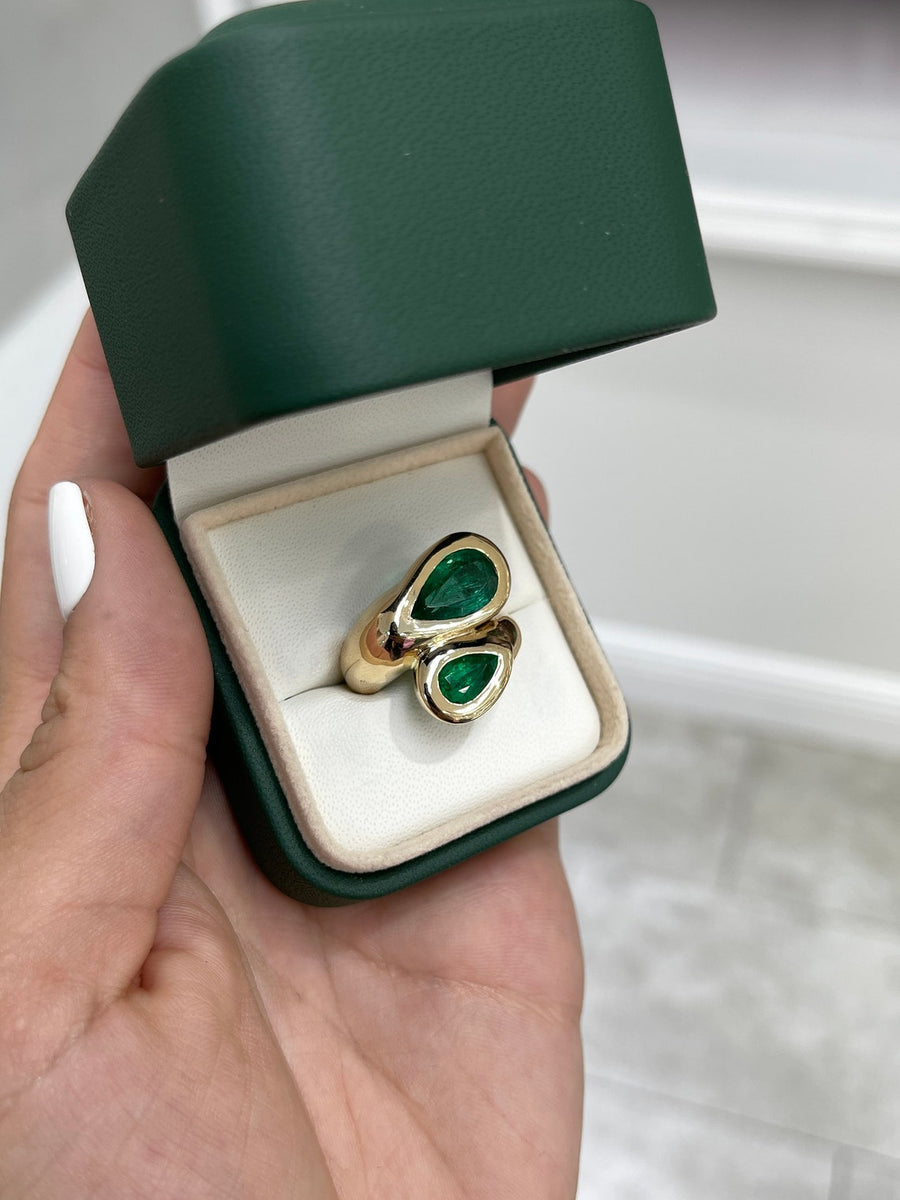 4.08tcw Genuine Dark AAA Quality Pear Emerald Bypass Gold Anniversary Ring 14K gift for her