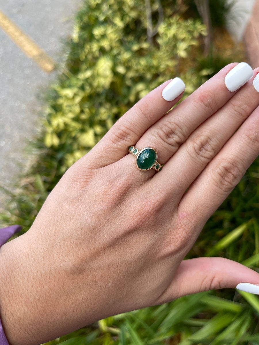 14K Natural Emerald Cabochon Multi-Gemstone Ring on Hand