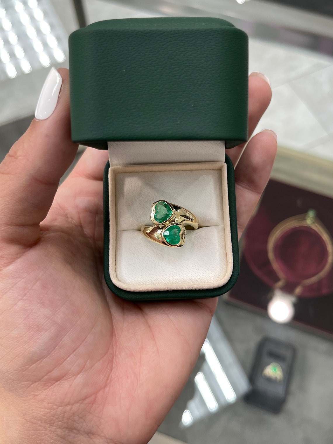 2.07tcw Vivid Green Emerald-Heart Cut Bypass Statement Ring 14K - JR Colombian Emeralds