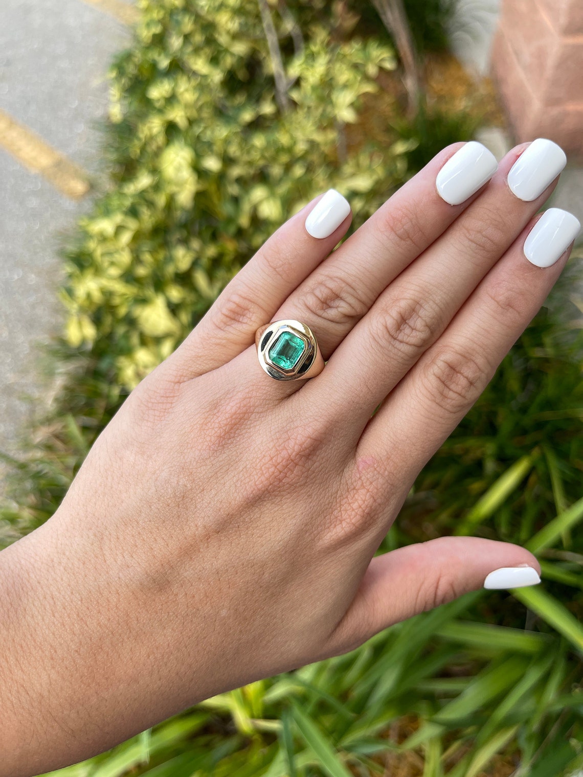 Emerald Cut Solitaire Solid Gold Men's Signet Ring on Hand