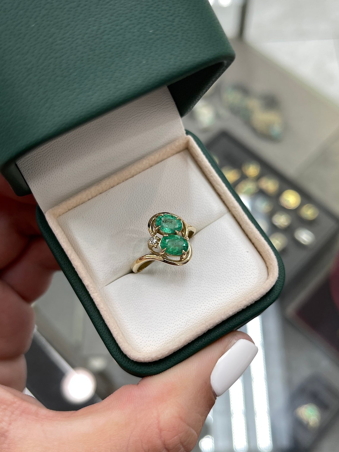 1.48tcw 14K Solid Natural Emerald-Oval Cut & Petite Diamond Accent Dual Ring - JR Colombian Emeralds