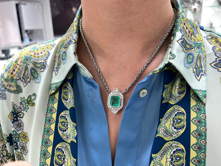 Emerald Cut & Diamond Halo Cluster Necklace