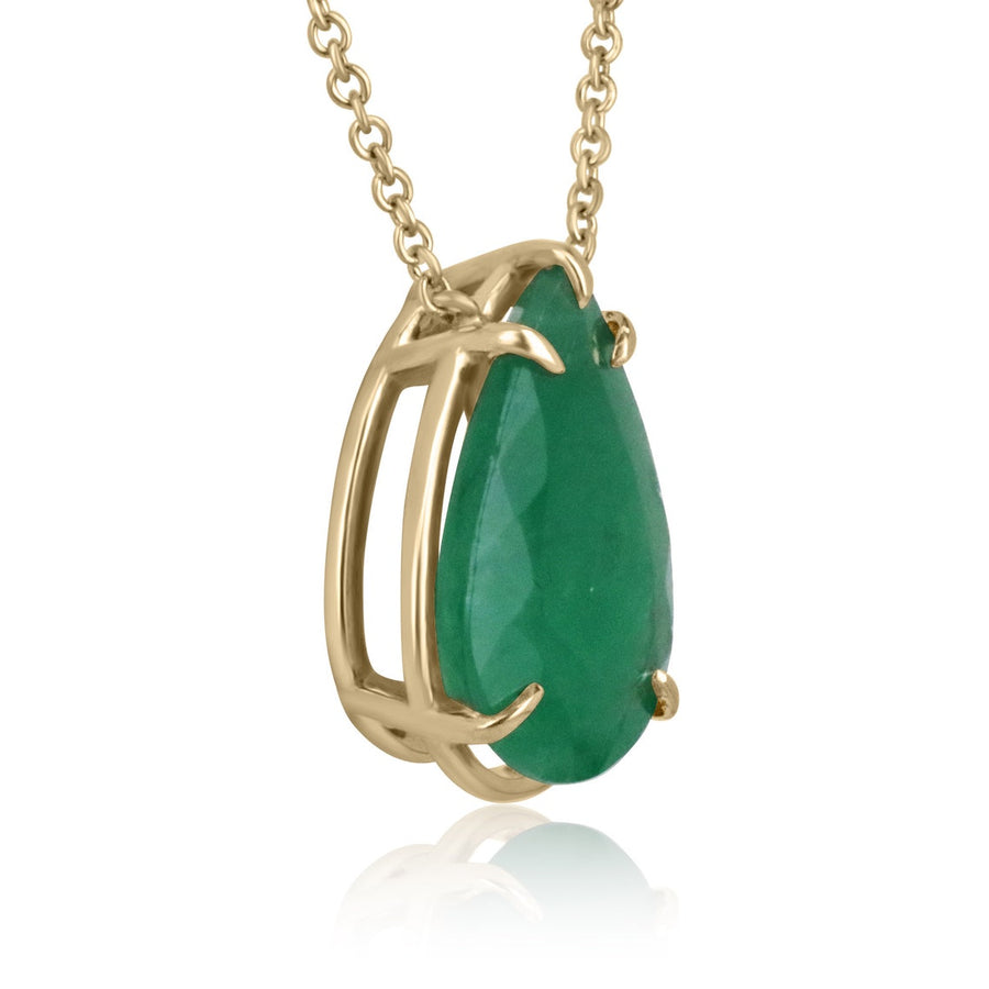 Emerald-Pear Cut Solitaire Gold Five Prong Necklace