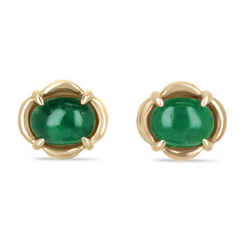 3.85tcw 14K Dark Green Natural Emerald-Oval Shaped Cabochon Studs May Birthstone Earrings