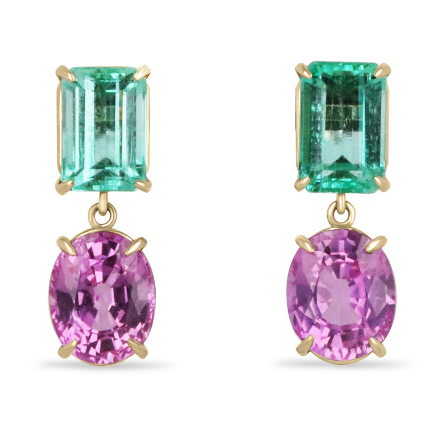 7.56tcw 18K Colombian Emerald & Pink Sapphire Dangle Earrings