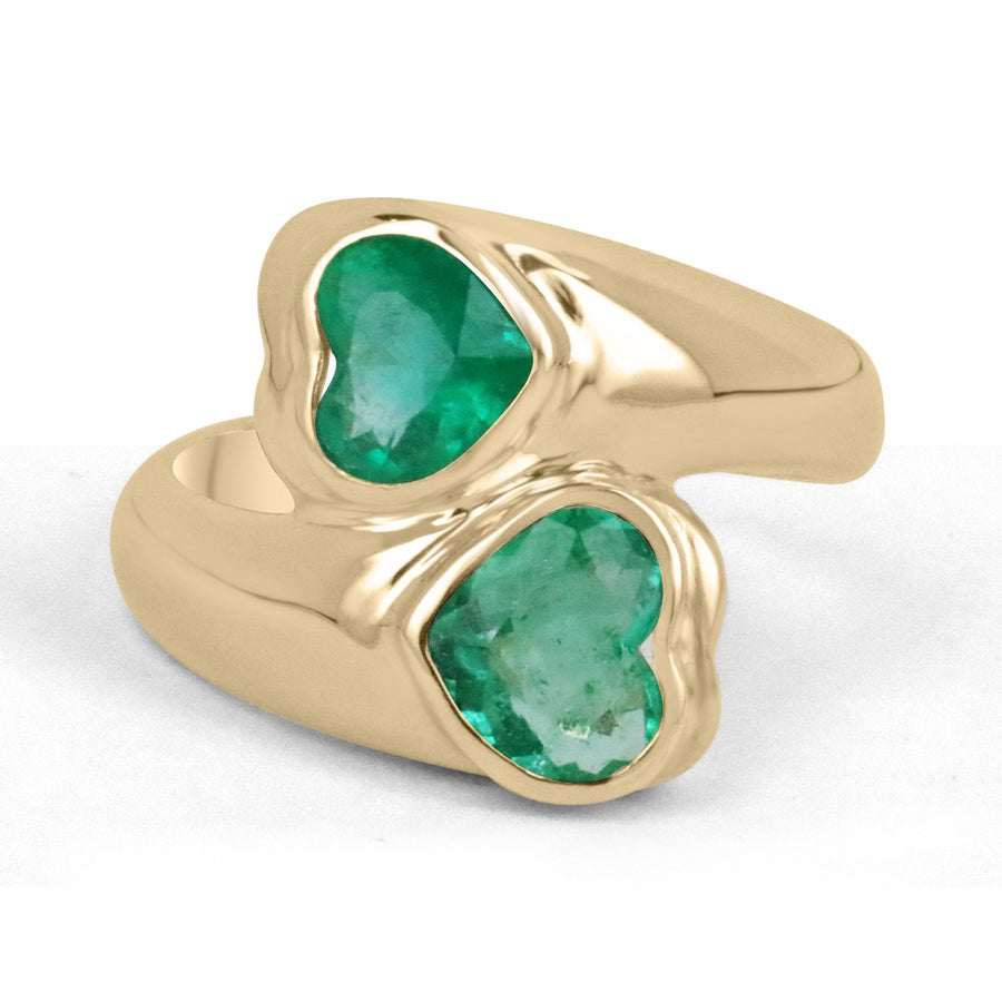 Emerald-Heart Cut Bypass Gold Two Stone Statement Ring