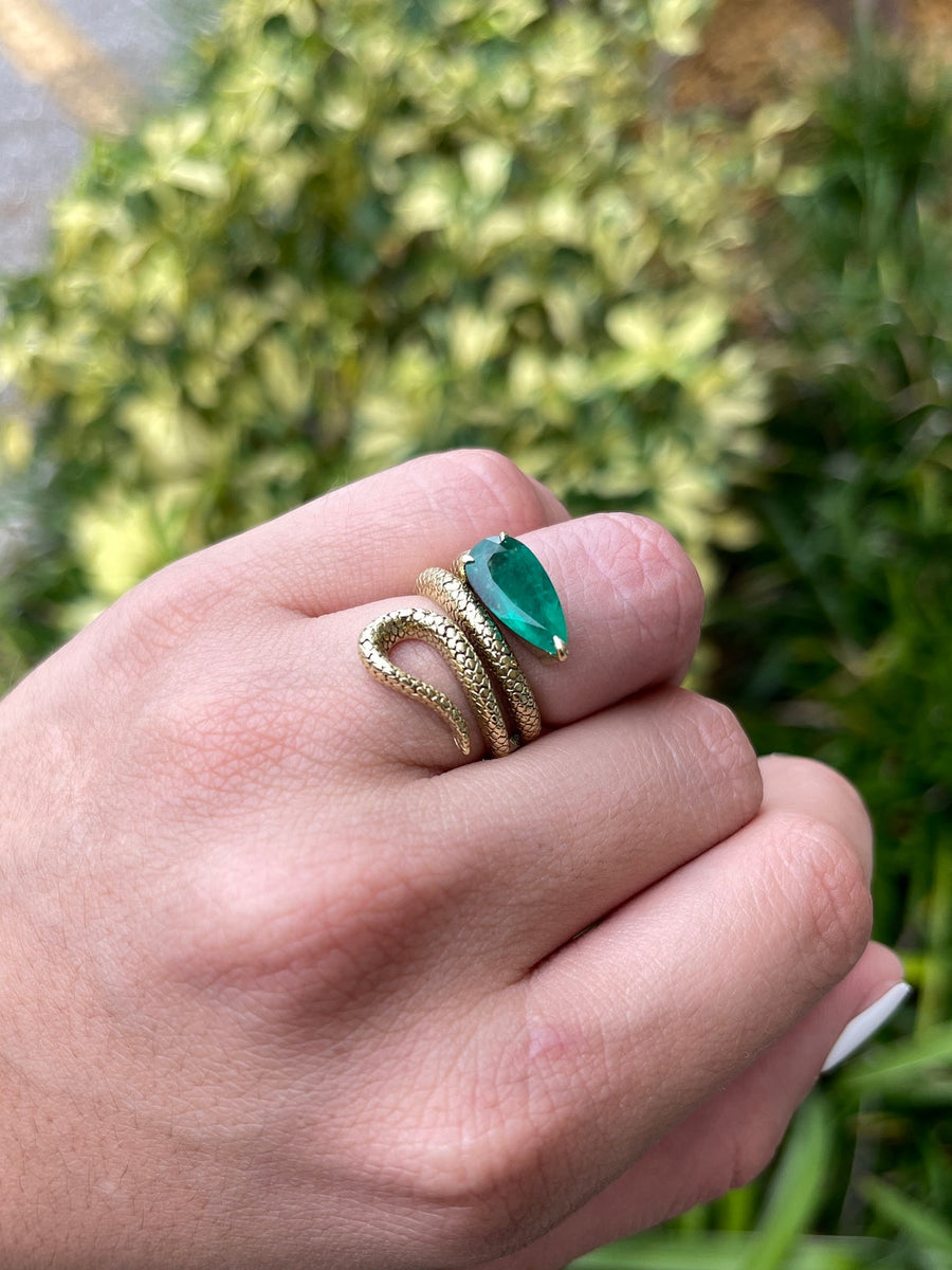 2.18ct 18K AAA Quality Colombian Emerald-Pear Cut Gold Wrapping Snake Ring