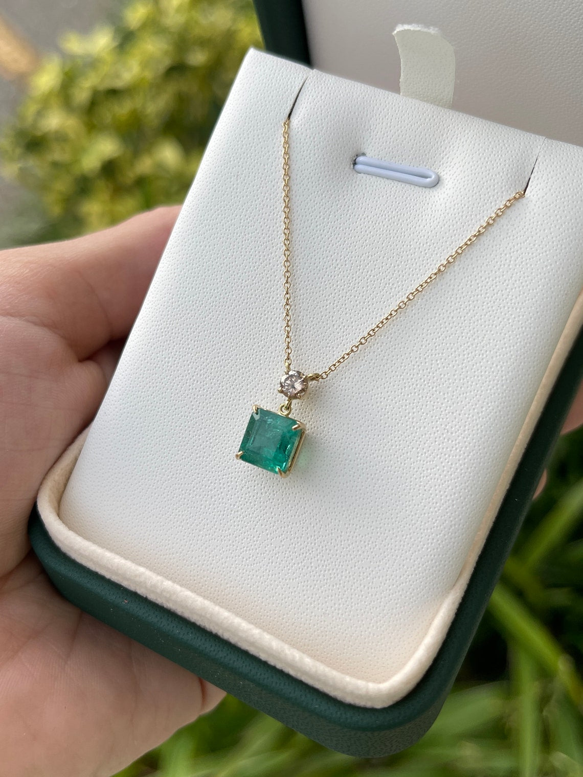 3.50tcw 14K Natural Emerald-Asscher Cut & Champagne Diamond Accent Gold Dangle Necklace - JR Colombian Emeralds