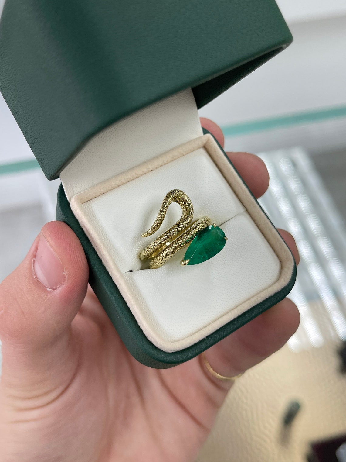 2.18ct 18K AAA Quality Colombian Emerald-Pear Cut Gold Wrapping Snake Ring - JR Colombian Emeralds