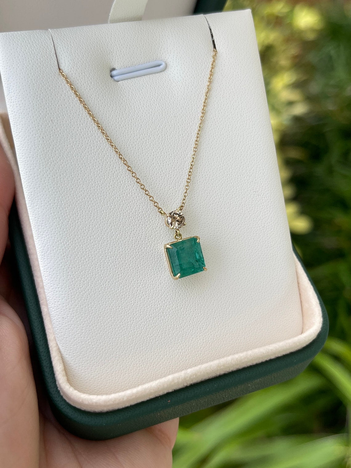 3.50tcw 14K Natural Emerald-Asscher Cut & Champagne Diamond Accent Gold Dangle Necklace - JR Colombian Emeralds