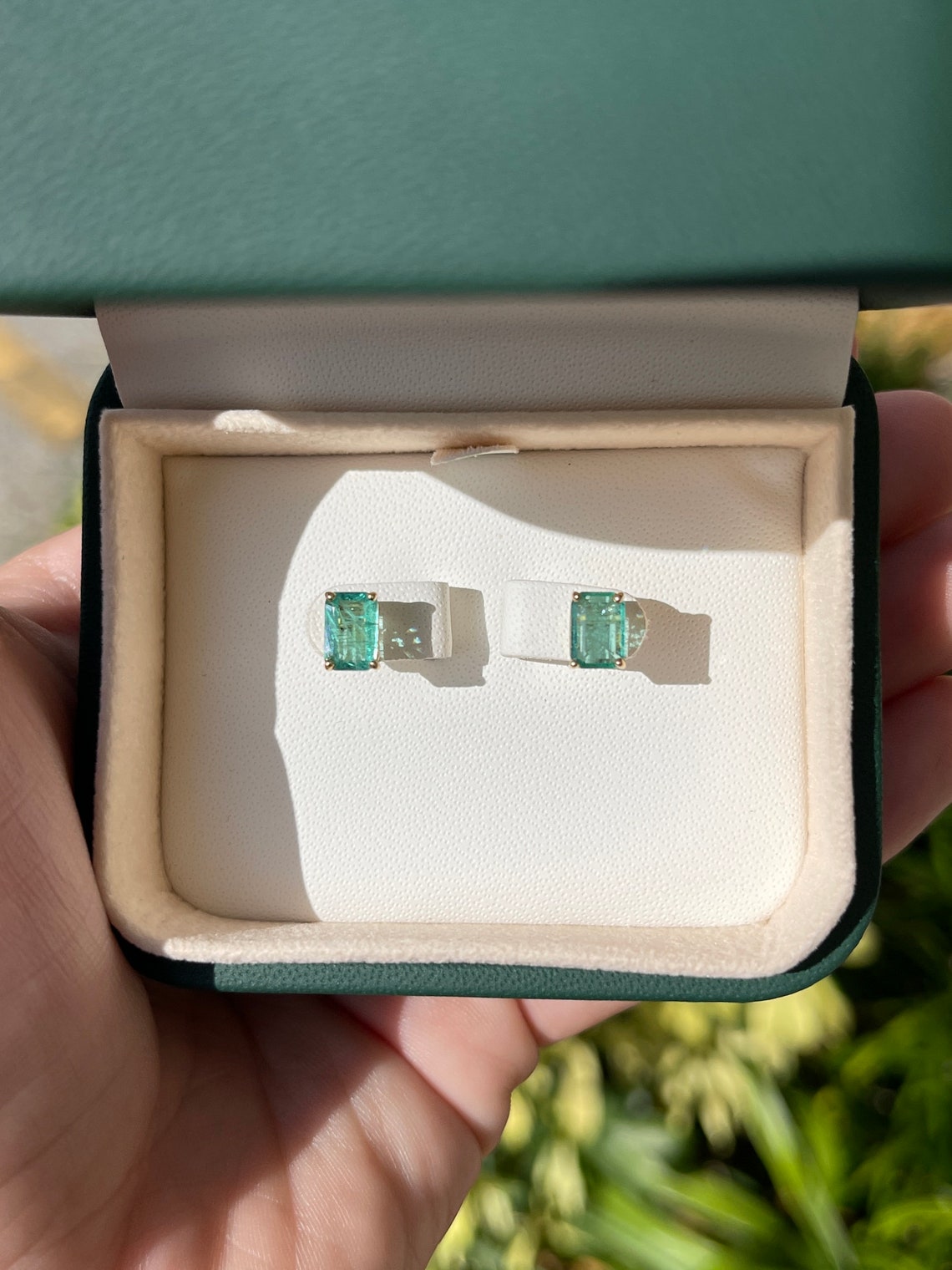 1.81tcw 14K Natural Emerald Cut May Birthstone Stud Earrings - JR Colombian Emeralds