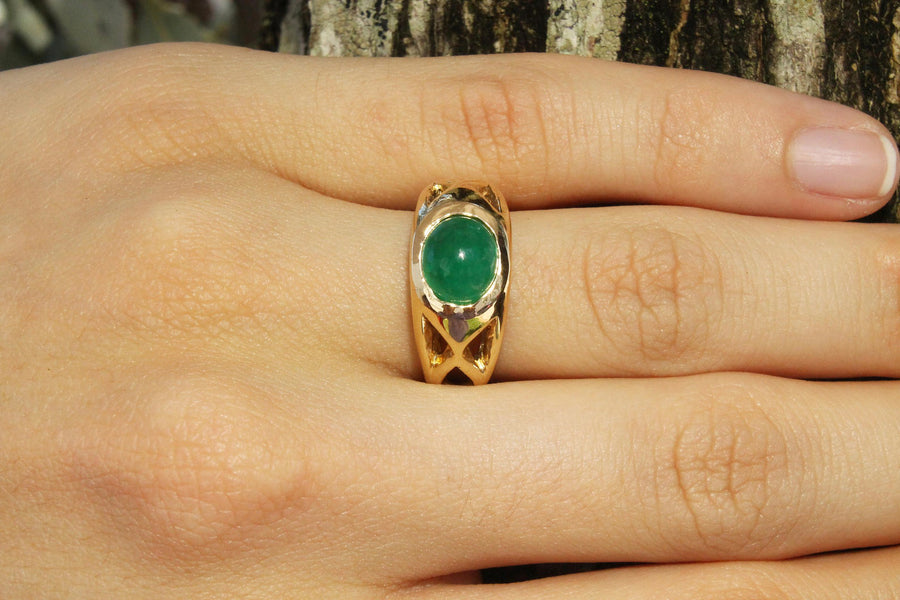Natural Green Emerald Oval Cabochon Gold Men's Ring