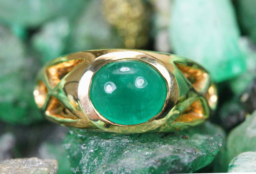 Green Emerald Oval Cabochon Gold Men's Ring