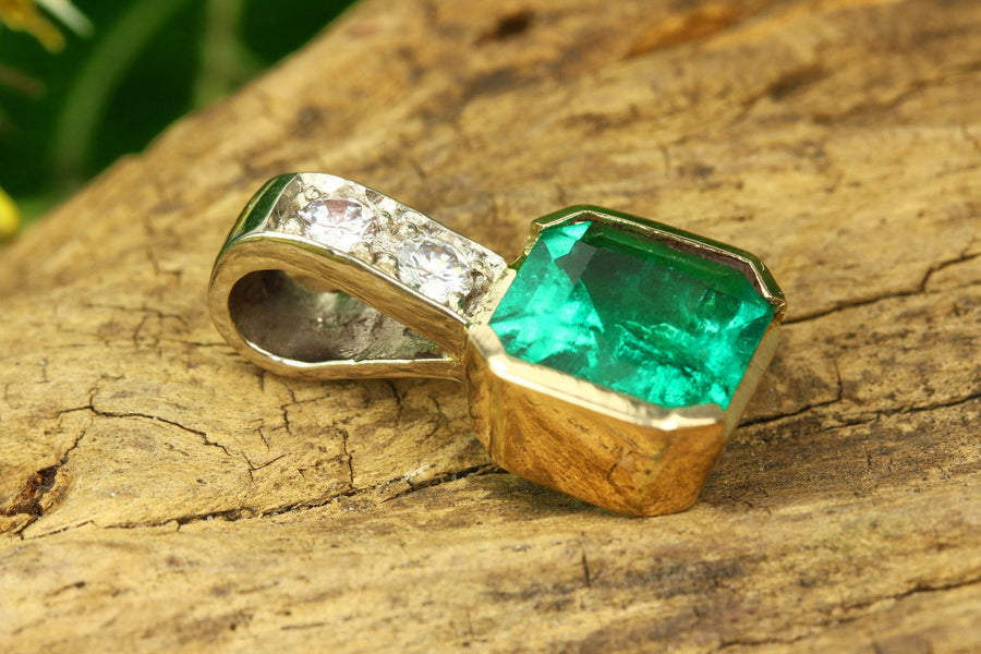 Asscher Cut Colombian Emerald & Diamond Channel Necklace