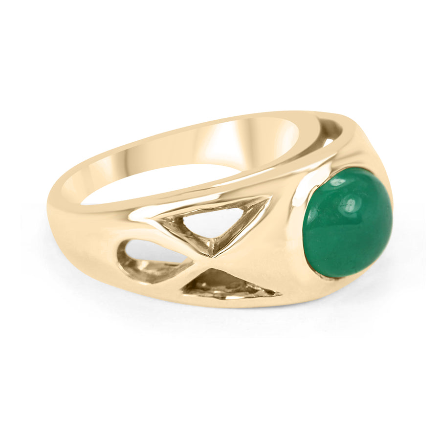 2.0 Carat Natural Green Emerald Oval Cabochon Gold Men's Ring