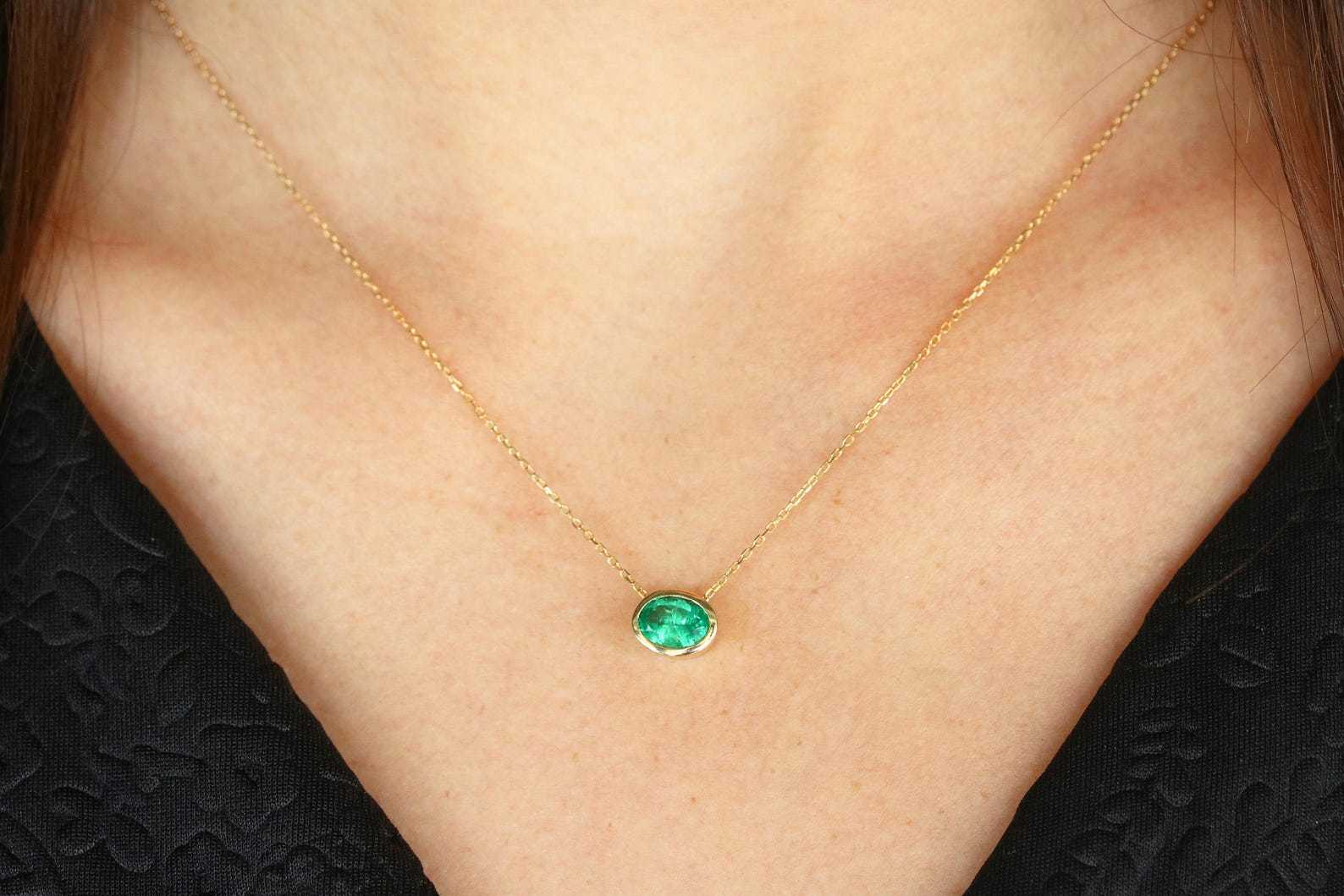 1.30 Carat Rich Green Bezel Set Oval Emerald Stationary Solitaire Slider Necklace 14K - JR Colombian Emeralds