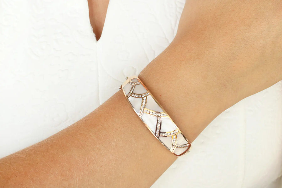 Mother of Pearl & Diamond Rose Gold Bangle 14K
