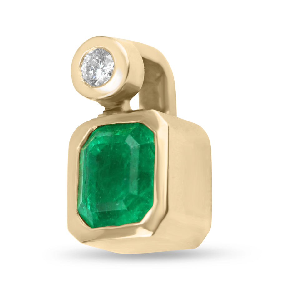 1.60tcw Bezel Square Rich Green Natural Emerald & Round Diamond Solitaire Pendant 14K