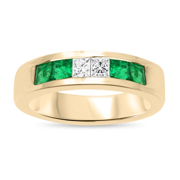 1.10tcw Princess Cut Diamond & Natural Emerald Mens Wedding Band 18K