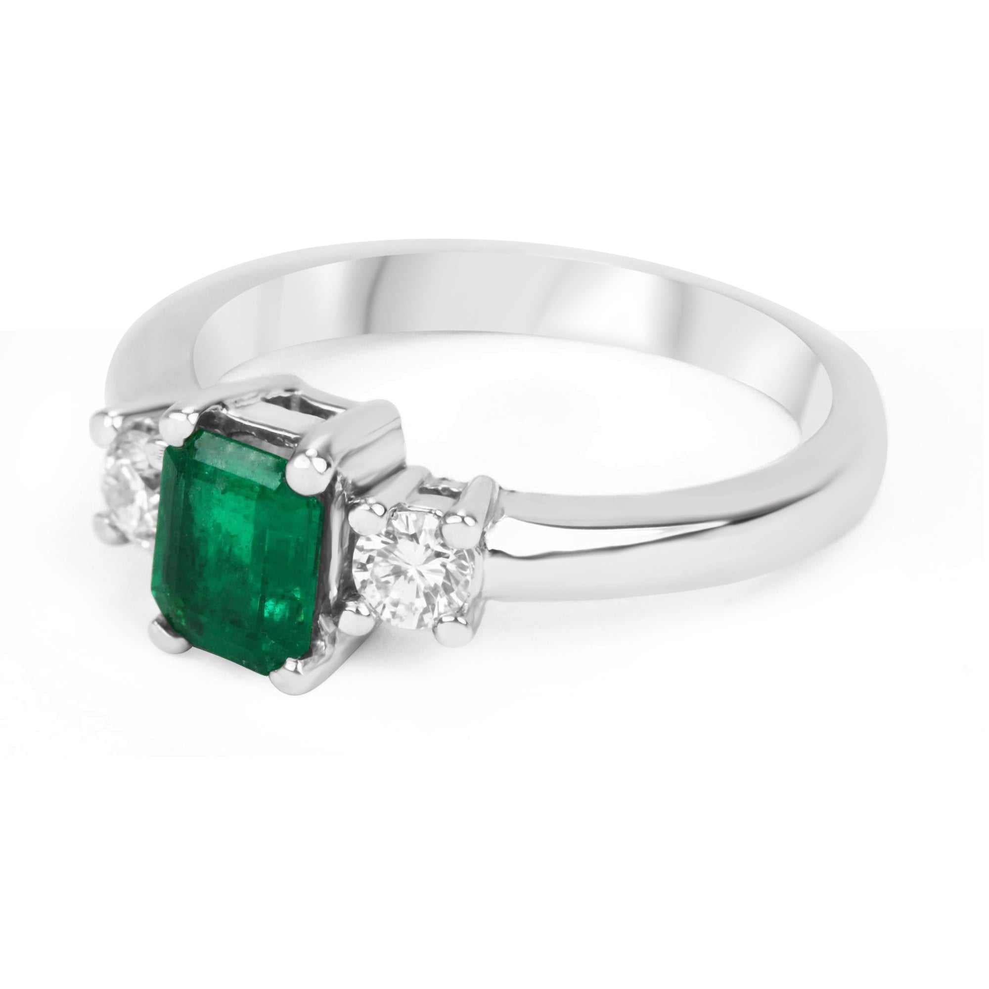 1.40tcw Dark Green Emerald Cut Emerald & Diamond Three Stone Ring 14K