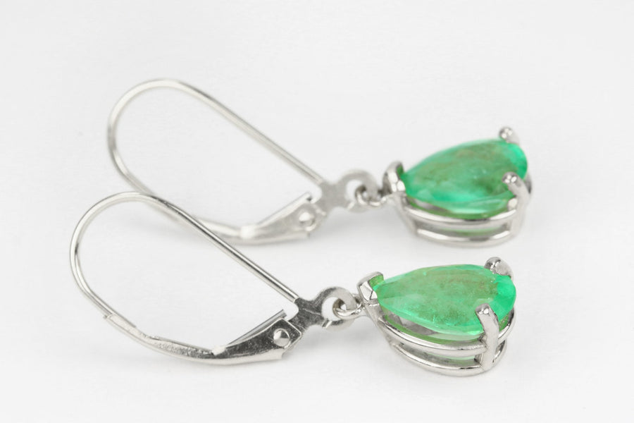 2 carat white gold pear cut emerald dangle lever back earrings for sale
