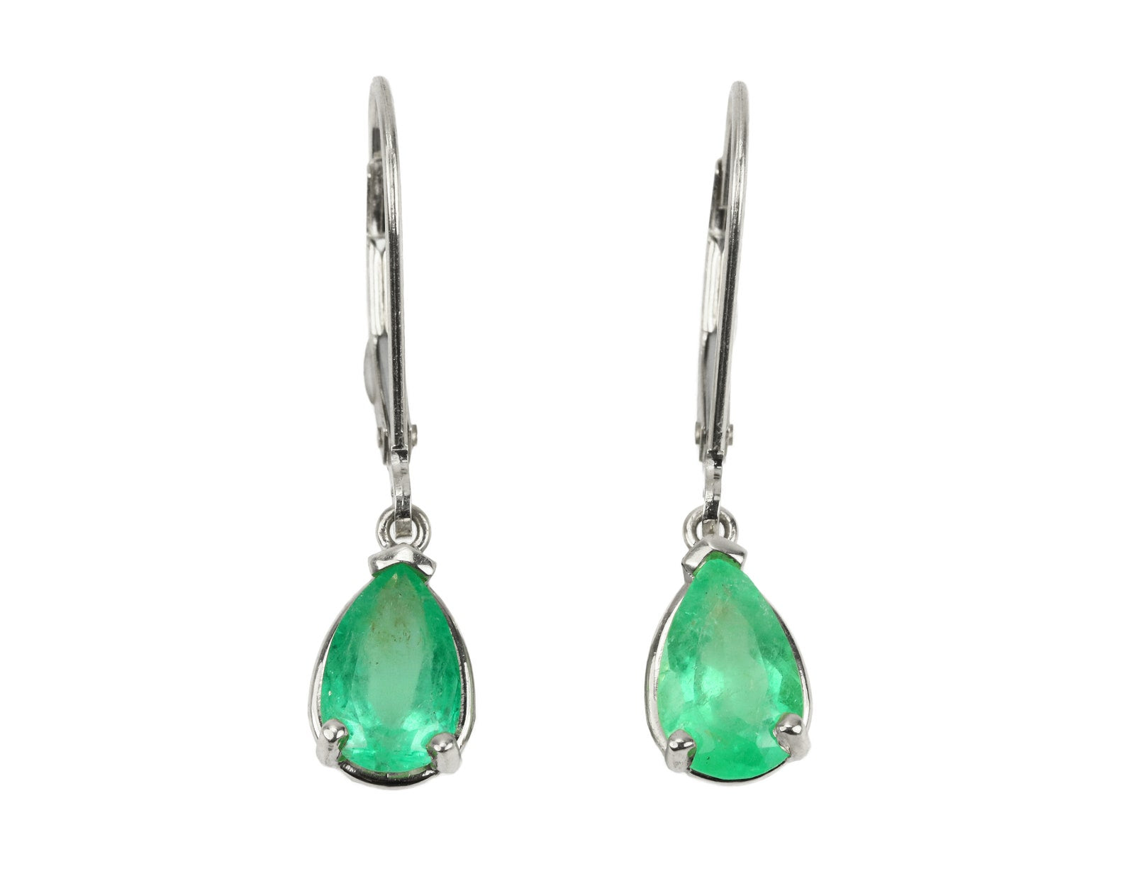 white gold pear cut emerald dangle lever back earrings for sale