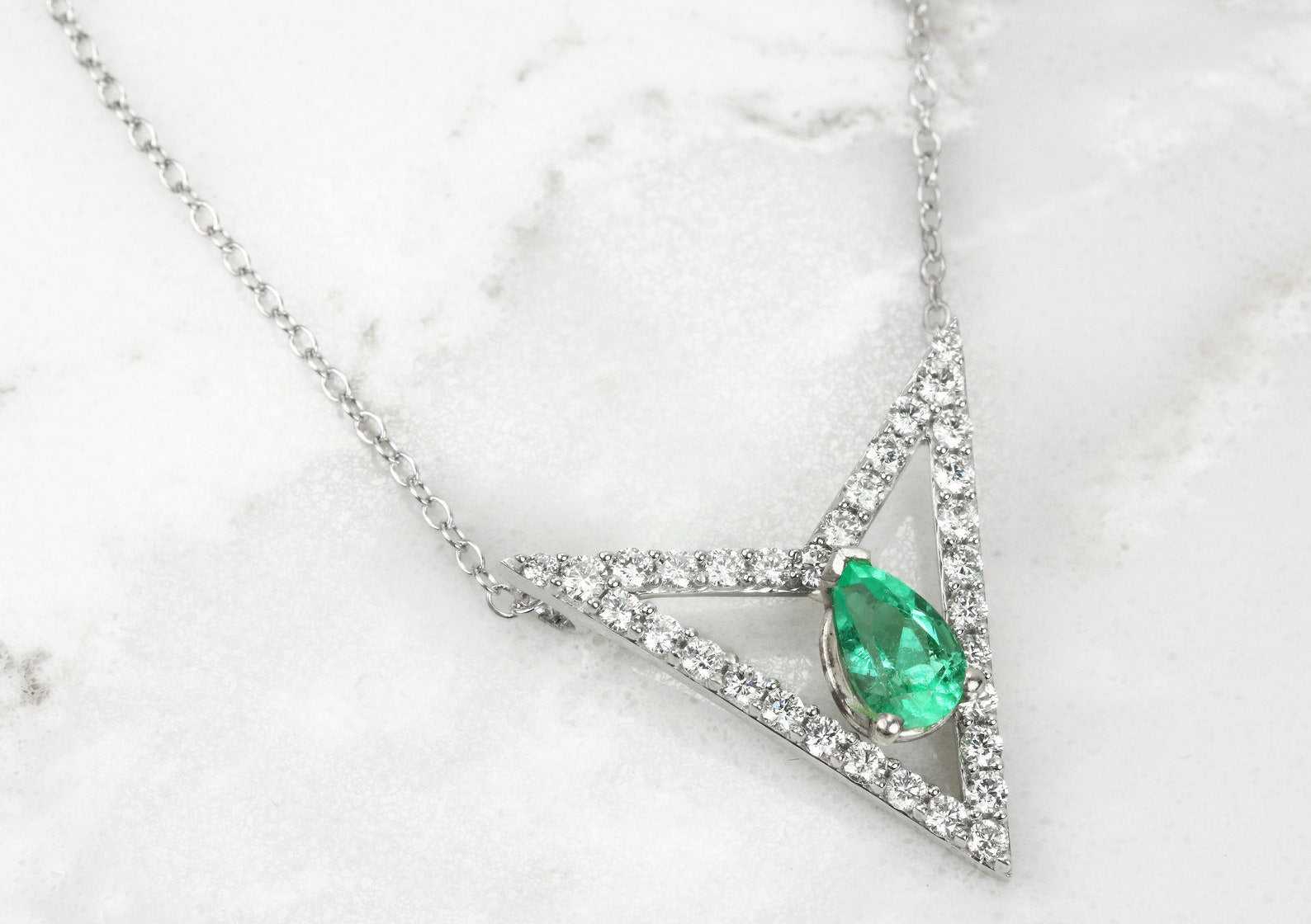 1.80tcw Floating Pear Emerald & VS Diamond Triangle Geometrical Necklace 14K - JR Colombian Emeralds