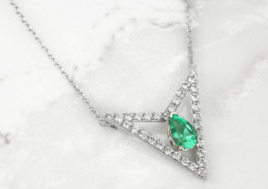 1.80tcw Floating Pear Emerald & VS Diamond Triangle Geometrical Necklace 14K