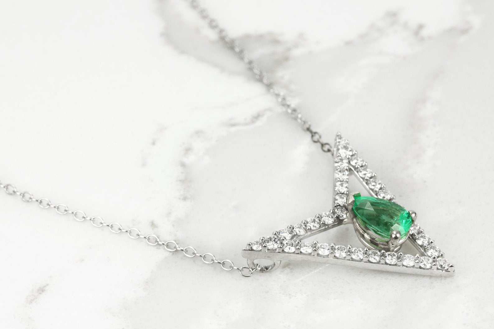 1.80tcw Floating Pear Emerald & VS Diamond Triangle Geometrical Necklace 14K - JR Colombian Emeralds