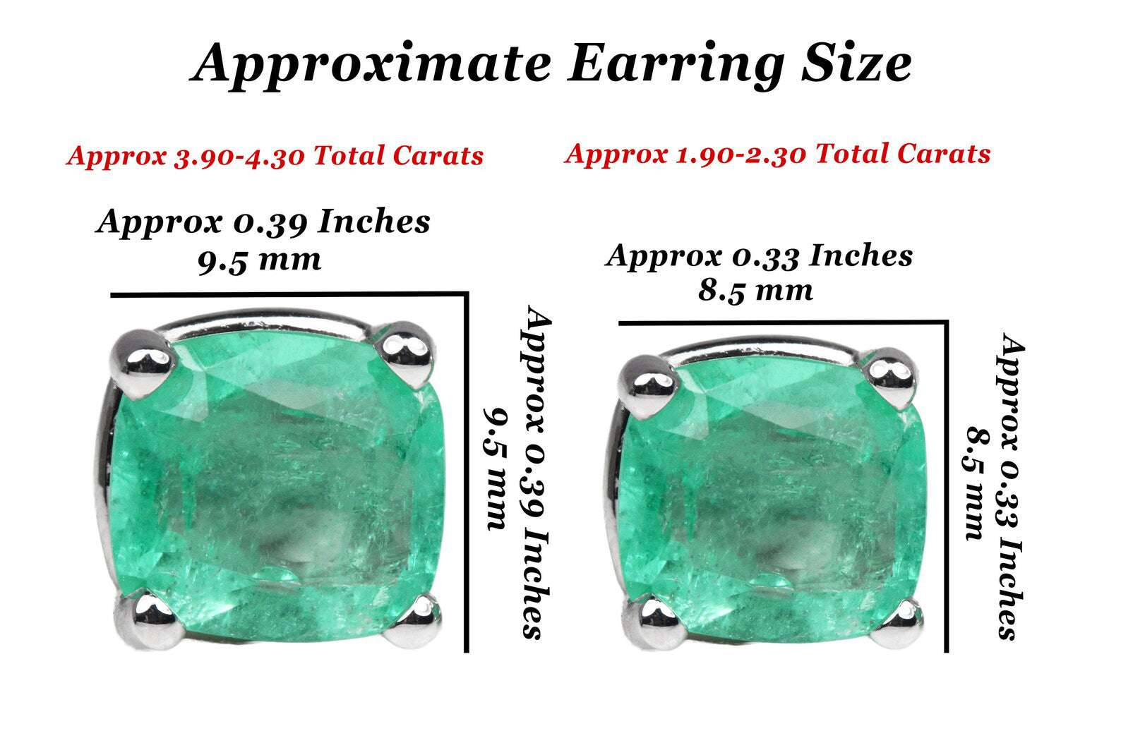 4.0tcw Cushion shape Natural Emerald Stud Solitaire Earrings 14K - JR Colombian Emeralds