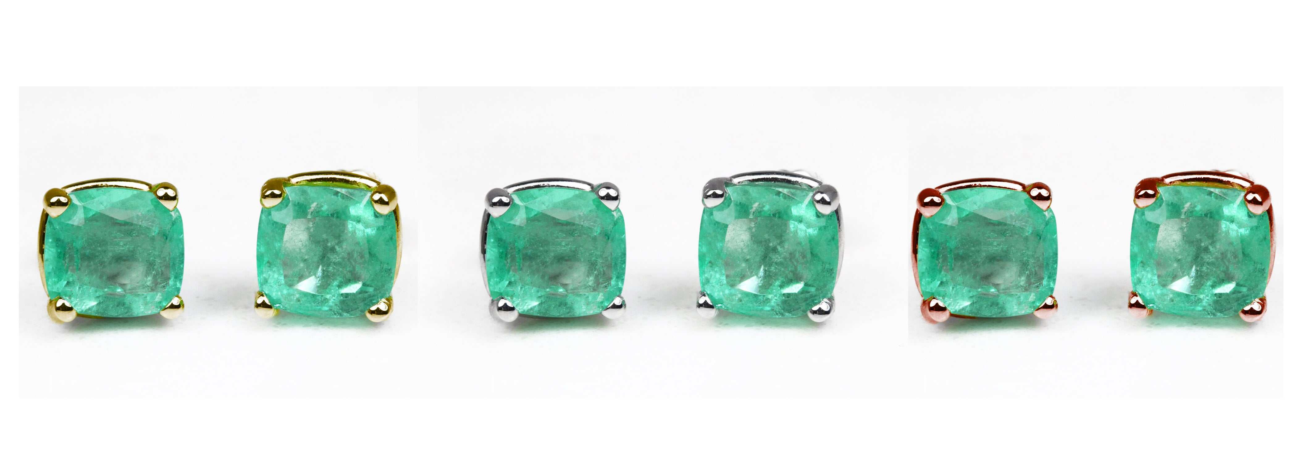 4.0tcw Cushion shape Natural Emerald Stud Solitaire Earrings 14K - JR Colombian Emeralds