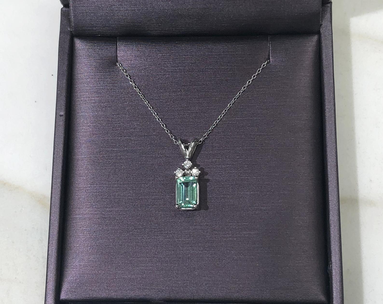 1.56tcw Petite Emerald-Emerald Cut & 3 Diamond Accent Necklace 14K