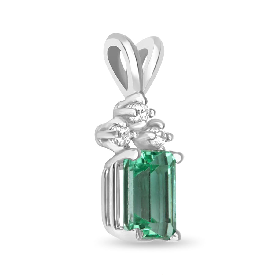 1.56tcw Petite Emerald-Emerald Cut & 3 Diamond Accent Necklace 14K