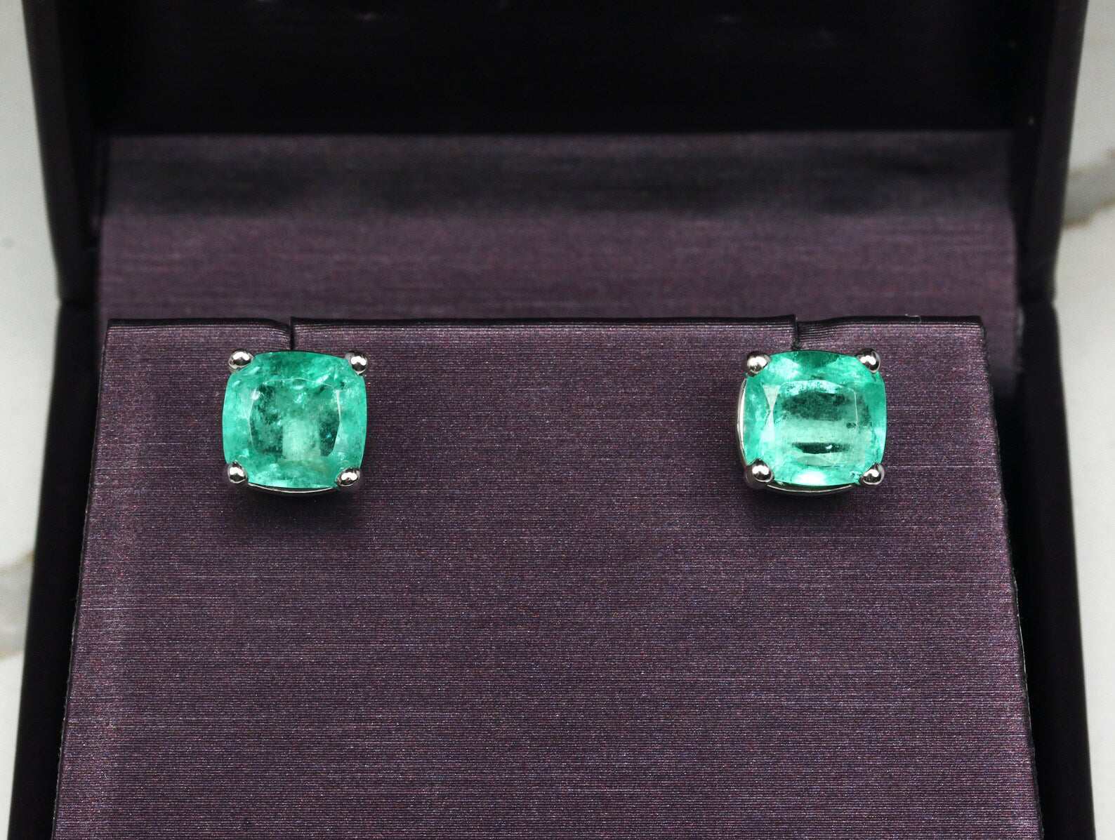 4.0tcw Cushion shape Natural Emerald Stud Solitaire Earrings 14K - JR Colombian Emeralds