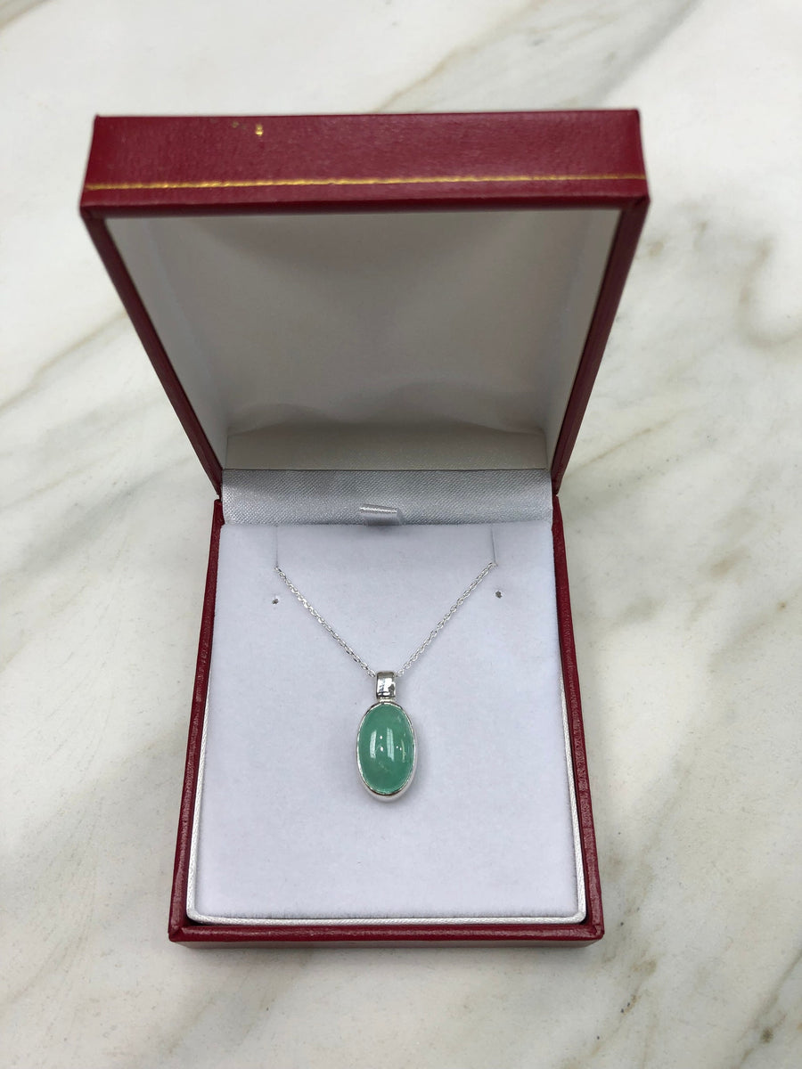 4.0cts Colombian Emerald Cabochon Solitaire Bezel Pendant Sterling Silver
