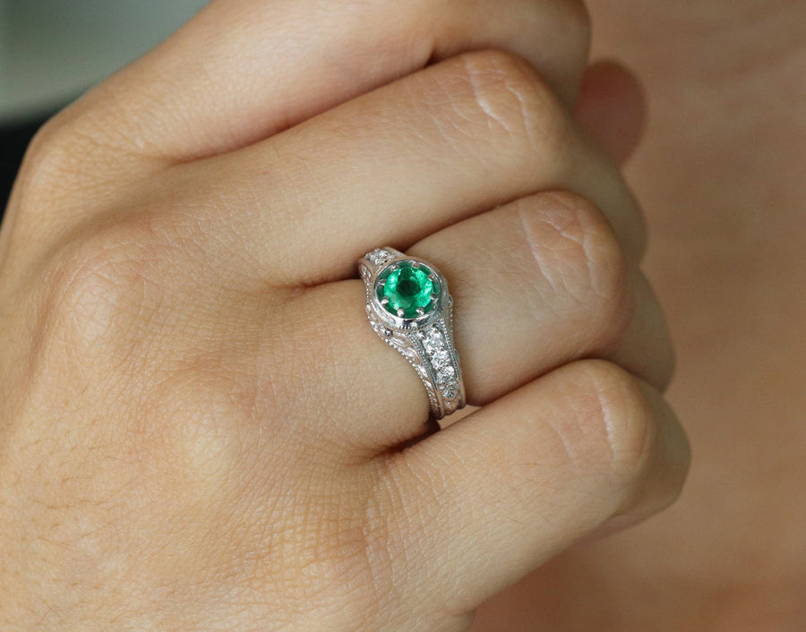 0.98tcw Scroll Hand Work Vintage Round Emerald & Diamond Engagement Ring 14K on hand