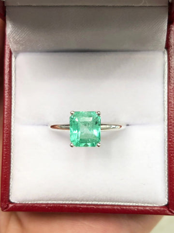 Bright Green Natural Colombian Emerald Traditional Solitaire Silver Engagement Ring