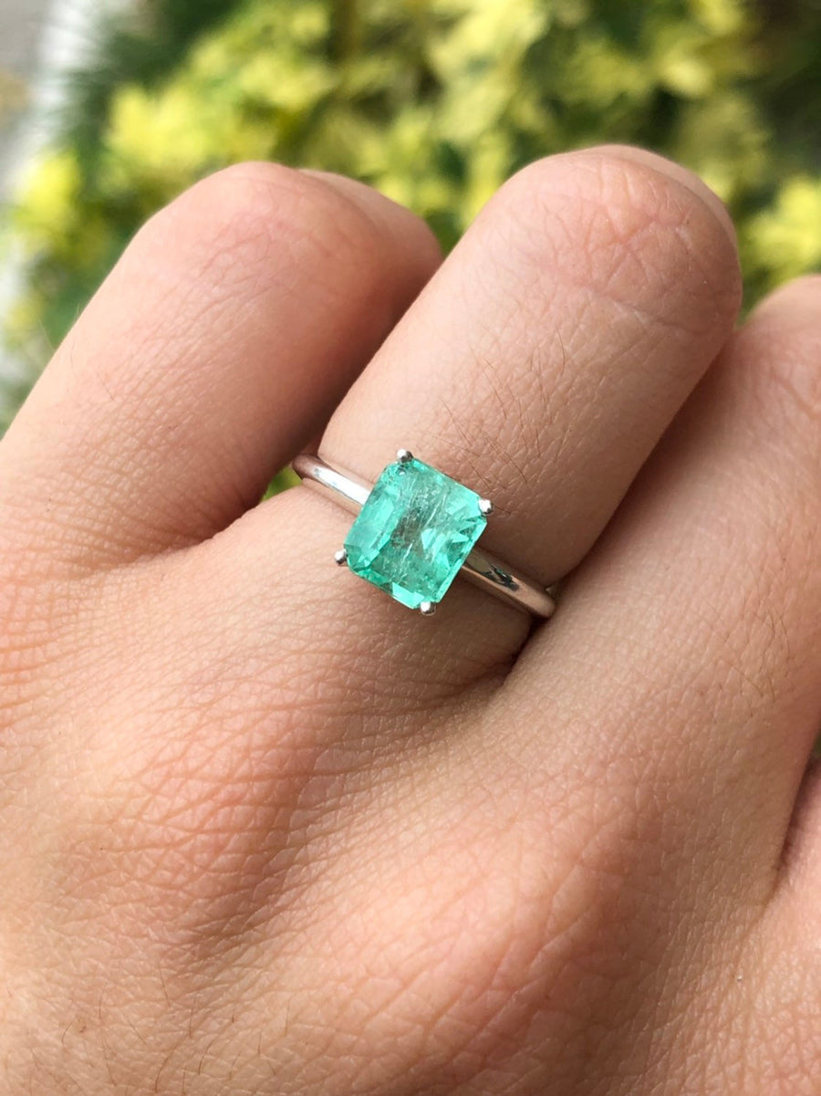 2.0cts Bright Green Natural Colombian Emerald Traditional Solitaire Silver Engagement Ring