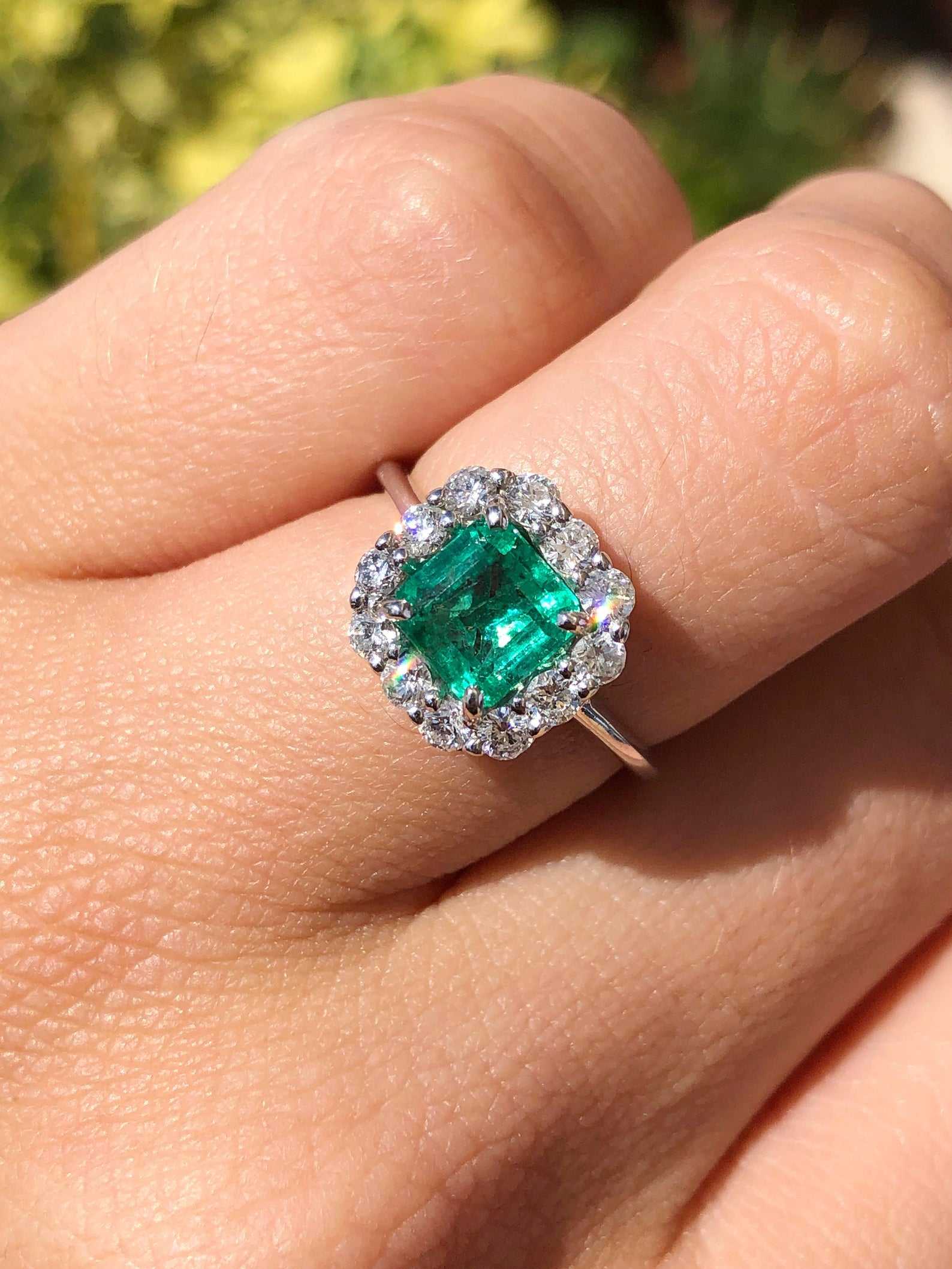 Asscher Cut Colombian Emerald & French Set Halo Engagement