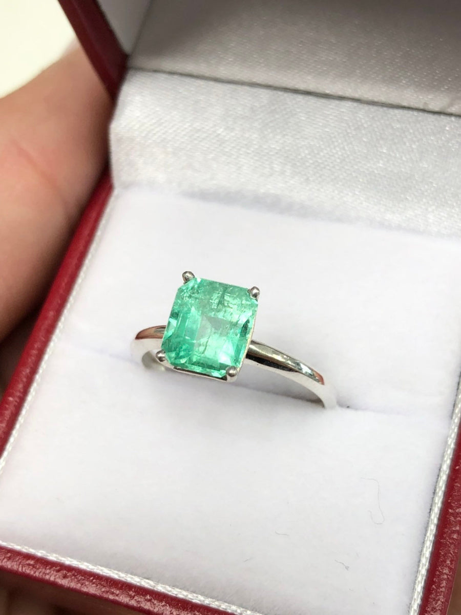 Bright Green Natural Colombian Emerald Traditional Solitaire Silver Engagement Rings