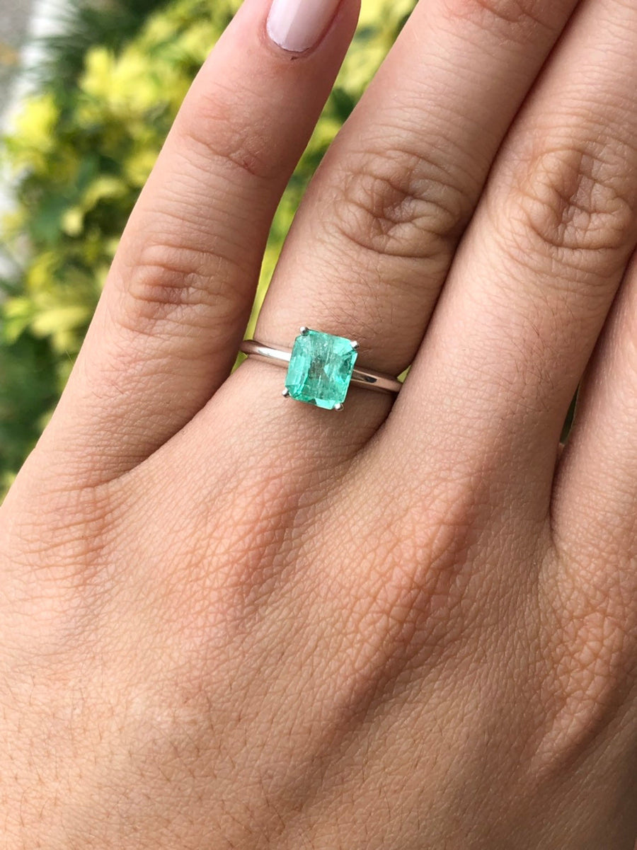 Bright Green Natural Colombian Emerald Traditional Solitaire Silver Engagement Ring