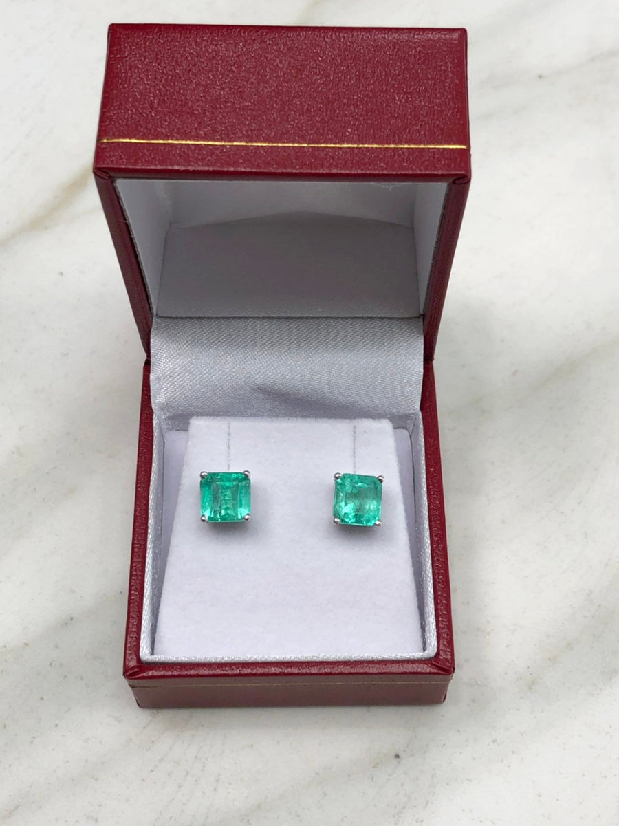 Square Colombian Emerald Solitaire Stud Earrings White Gold