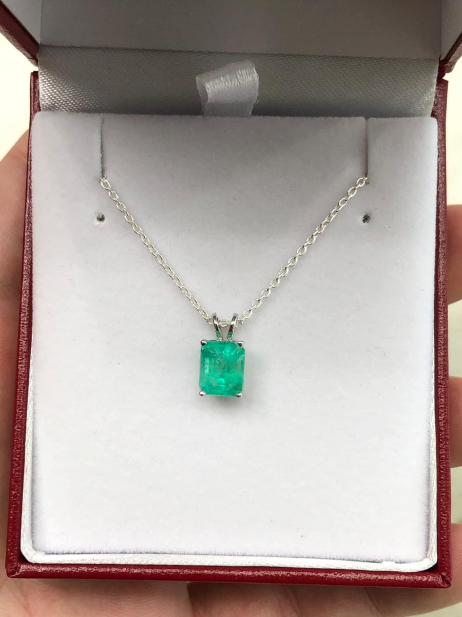 1.74ct Emerald Cut Colombian emerald Rich Green Silver Solitaire Necklace 925