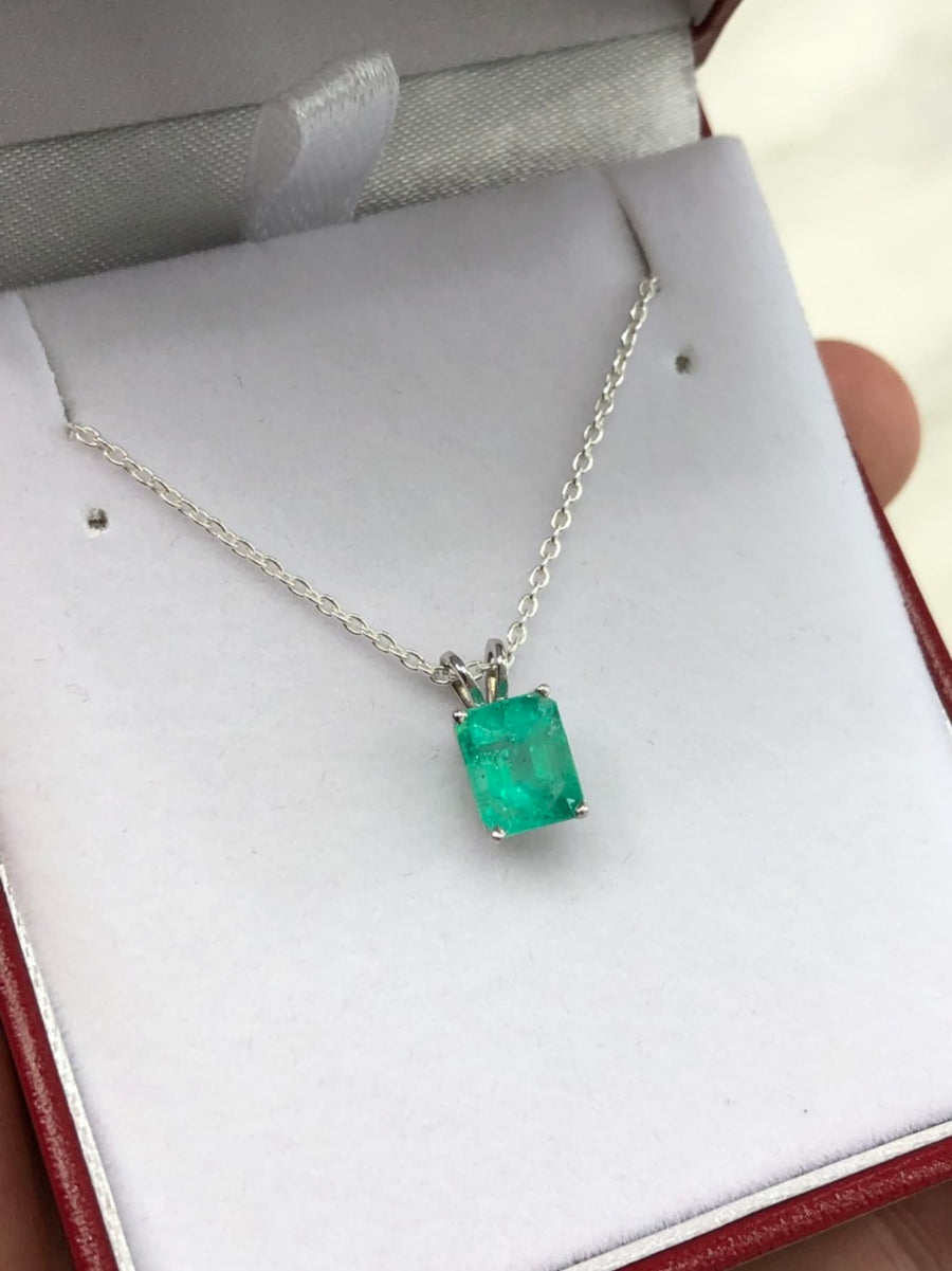 1.74ct Emerald Cut Colombian emerald Rich Green Silver Solitaire Necklace 925