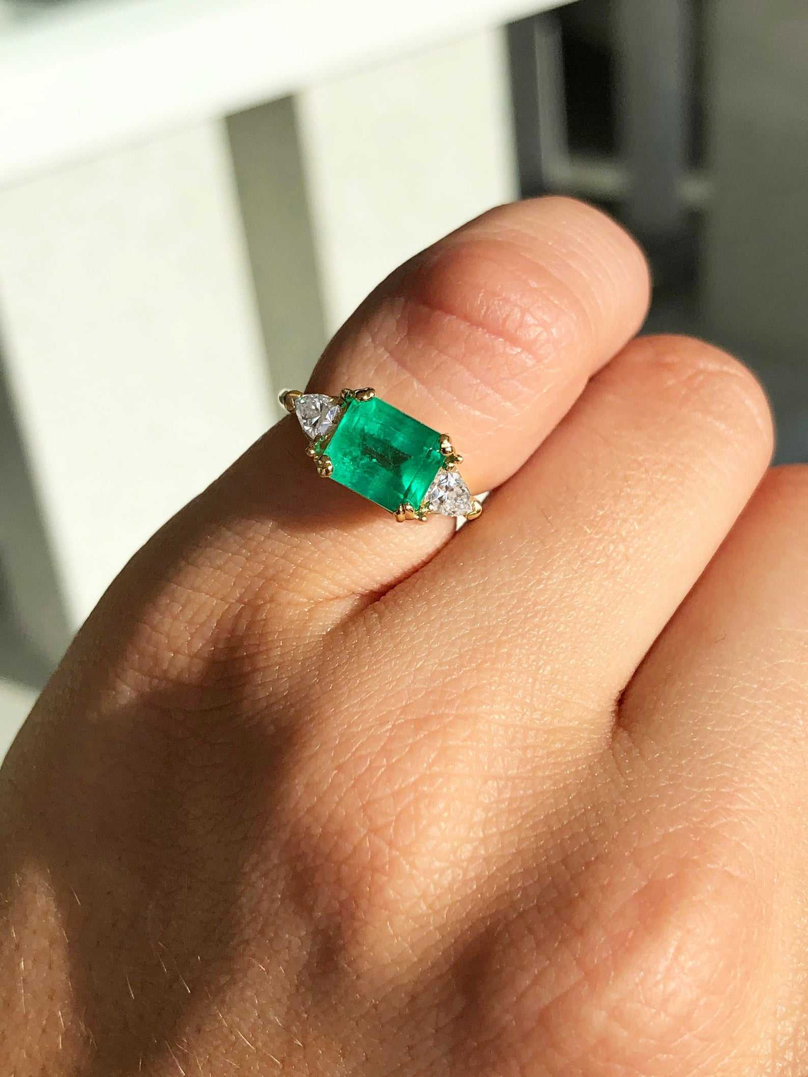 Colombian Emerald Curt & Diamond Trillion Cut Ring