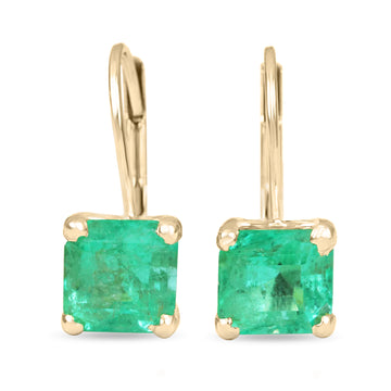 3.0tcw Earth mined Emerald Square Lever back dangle Earrings Yellow Gold 14K