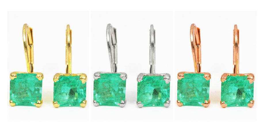 3.0tcw Colombian Emerald Square Lever back Earrings Yellow Gold 14K