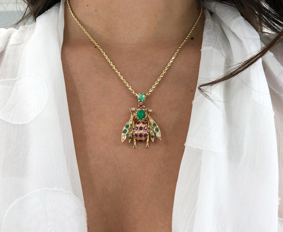 4.14tcw Emerald Ruby Diamond 14k Gold Bug Bee Insect Necklace best image girl