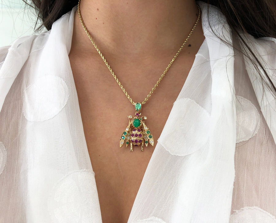4.14tcw Emerald Ruby Diamond 14k Gold Bug Bee Insect Necklace best